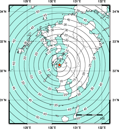 緊急地震速報第1報提供から主要動到達までの時間及び推計震度分布図