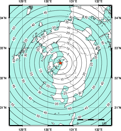 緊急地震速報第1報提供から主要動到達までの時間及び推計震度分布図
