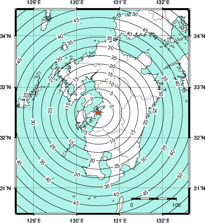 緊急地震速報第1報提供から主要動到達までの時間及び推計震度分布図
