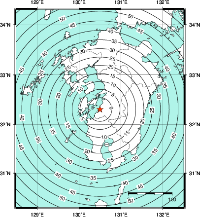緊急地震速報第1報提供から主要動到達までの時間及び推計震度分布図