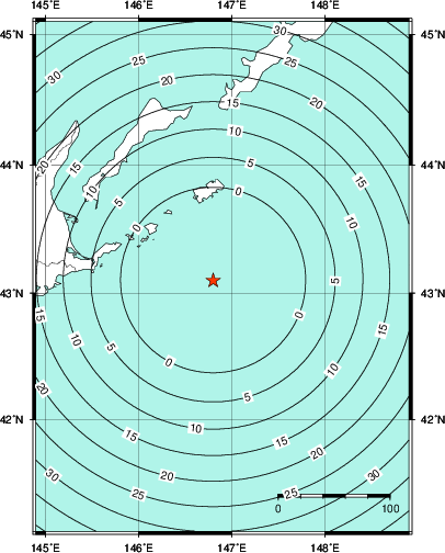 緊急地震速報第1報提供から主要動到達までの時間及び推計震度分布図
