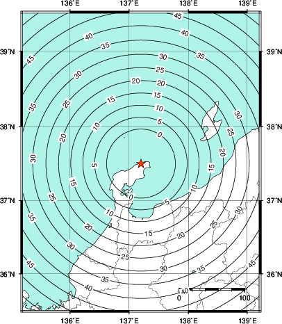 緊急地震速報第1報提供から主要動到達までの時間及び推計震度分布図
