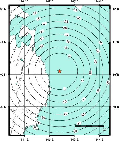 緊急地震速報第1報提供から主要動到達までの時間及び推計震度分布図