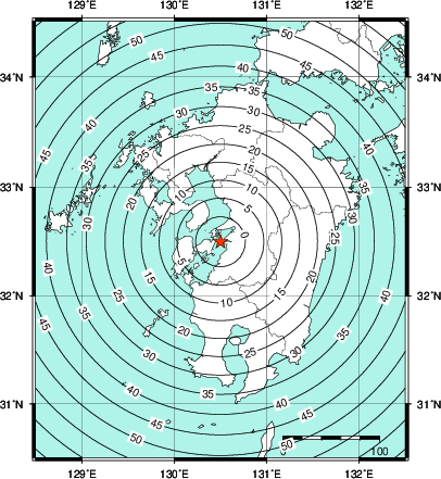 緊急地震速報第1報提供から主要動到達までの時間及び推計震度分布図