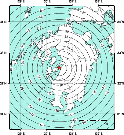 緊急地震速報第1報提供から主要動到達までの時間及び推計震度分布図
