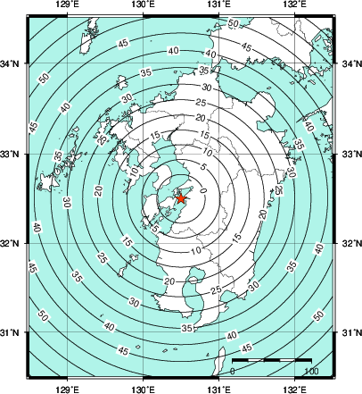 緊急地震速報第1報提供から主要動到達までの時間及び推計震度分布図