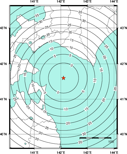 緊急地震速報第1報提供から主要動到達までの時間及び推計震度分布図