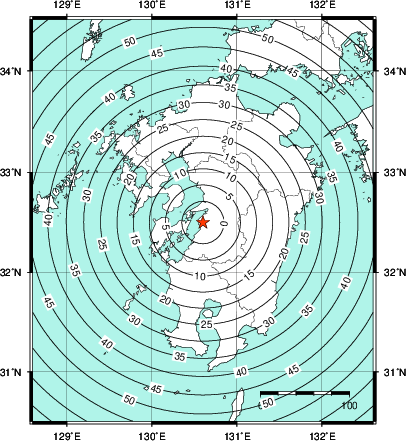 緊急地震速報第1報提供から主要動到達までの時間及び推計震度分布図