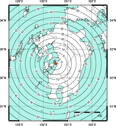 緊急地震速報第1報提供から主要動到達までの時間及び推計震度分布図