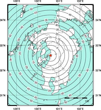 緊急地震速報第1報提供から主要動到達までの時間及び推計震度分布図