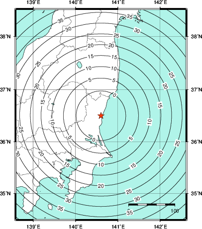 緊急地震速報第1報提供から主要動到達までの時間及び推計震度分布図