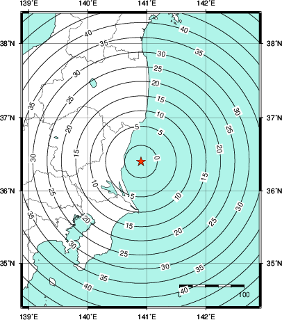 緊急地震速報第1報提供から主要動到達までの時間及び推計震度分布図