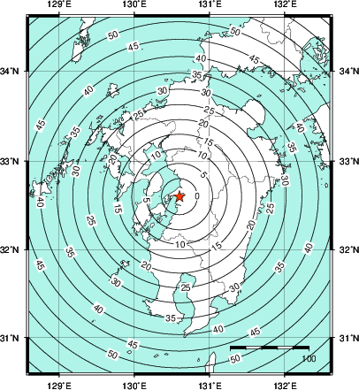緊急地震速報第1報提供から主要動到達までの時間及び推計震度分布図