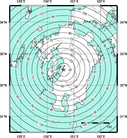 緊急地震速報第1報提供から主要動到達までの時間及び推計震度分布図