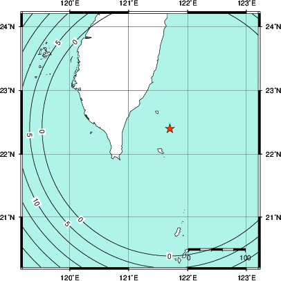 緊急地震速報第1報提供から主要動到達までの時間及び推計震度分布図