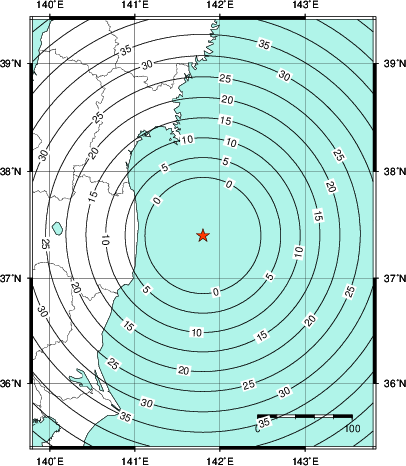 緊急地震速報第1報提供から主要動到達までの時間及び推計震度分布図