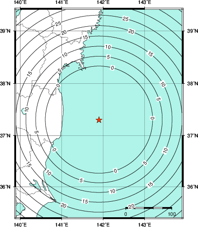 緊急地震速報第1報提供から主要動到達までの時間及び推計震度分布図