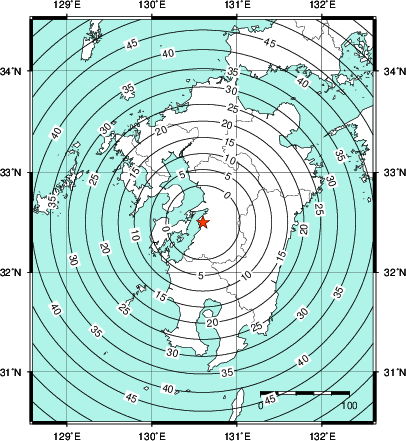 緊急地震速報第1報提供から主要動到達までの時間及び推計震度分布図