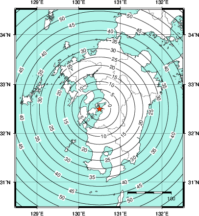 緊急地震速報第1報提供から主要動到達までの時間及び推計震度分布図