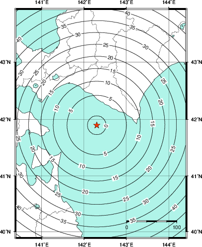 緊急地震速報第1報提供から主要動到達までの時間及び推計震度分布図