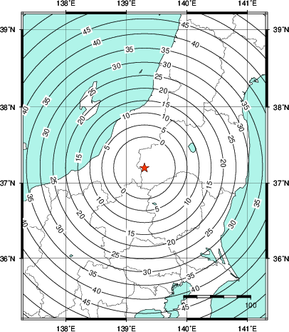 緊急地震速報第1報提供から主要動到達までの時間及び推計震度分布図