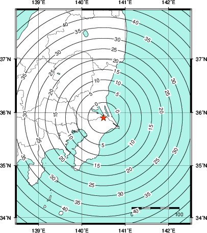 緊急地震速報第1報提供から主要動到達までの時間及び推計震度分布図