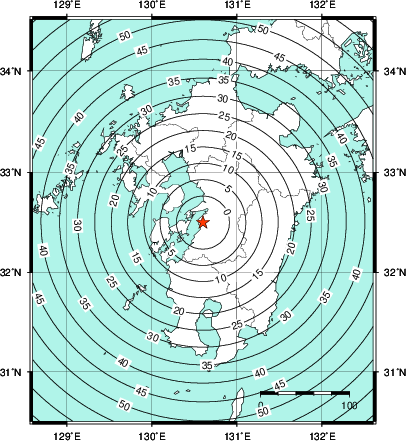 緊急地震速報第1報提供から主要動到達までの時間及び推計震度分布図