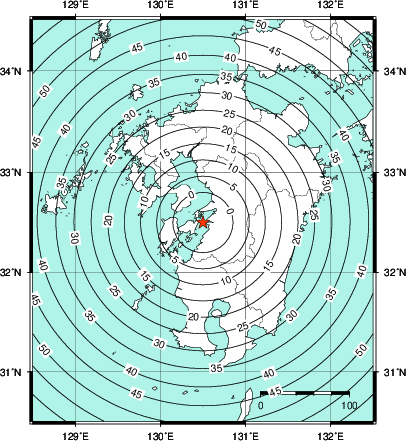 緊急地震速報第1報提供から主要動到達までの時間及び推計震度分布図
