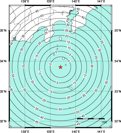 緊急地震速報第1報提供から主要動到達までの時間及び推計震度分布図