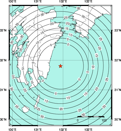 緊急地震速報第1報提供から主要動到達までの時間及び推計震度分布図