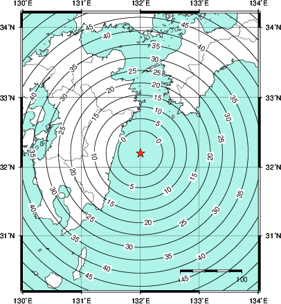 緊急地震速報第1報提供から主要動到達までの時間及び推計震度分布図