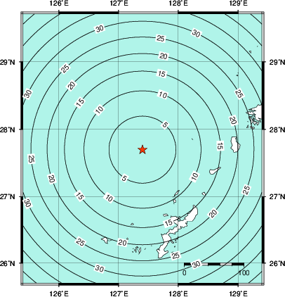 緊急地震速報第1報提供から主要動到達までの時間及び推計震度分布図