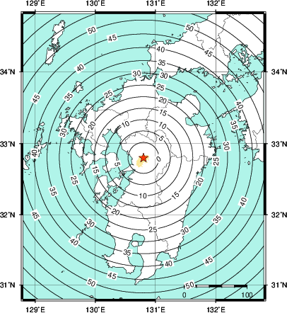 緊急地震速報第1報提供から主要動到達までの時間及び推計震度分布図