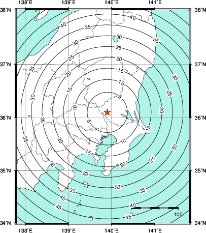 緊急地震速報第1報提供から主要動到達までの時間及び推計震度分布図