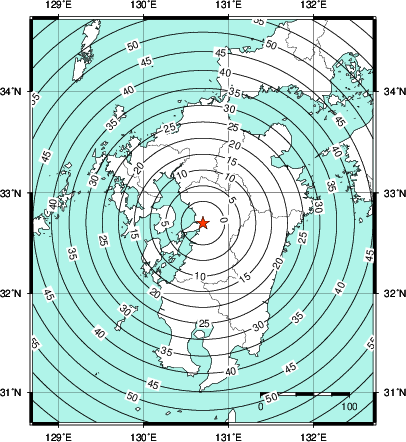 緊急地震速報第1報提供から主要動到達までの時間及び推計震度分布図
