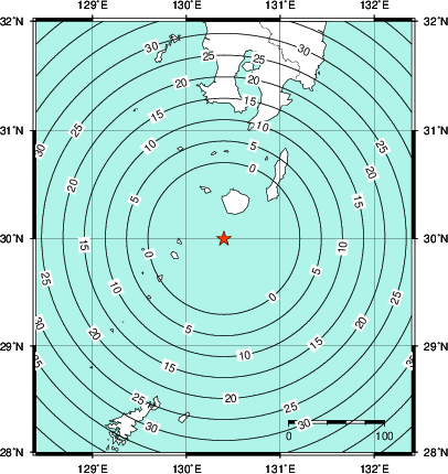 緊急地震速報第1報提供から主要動到達までの時間及び推計震度分布図