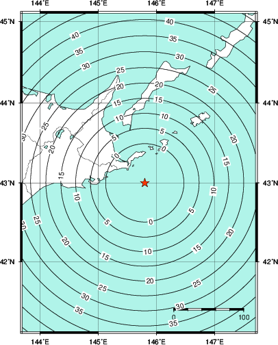 緊急地震速報第1報提供から主要動到達までの時間及び推計震度分布図