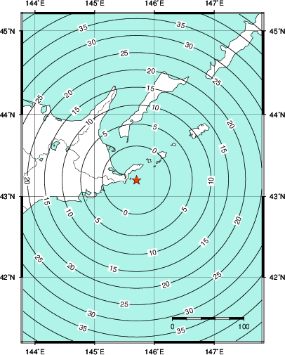 緊急地震速報第1報提供から主要動到達までの時間及び推計震度分布図