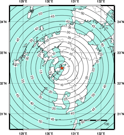 緊急地震速報第1報提供から主要動到達までの時間及び推計震度分布図