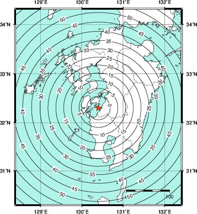 緊急地震速報第1報提供から主要動到達までの時間及び推計震度分布図