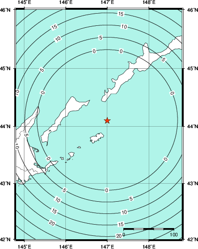 緊急地震速報第1報提供から主要動到達までの時間及び推計震度分布図