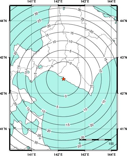 緊急地震速報第1報提供から主要動到達までの時間及び推計震度分布図