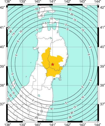 緊急地震速報(警報)を発表した地域及び主要動到達までの時間