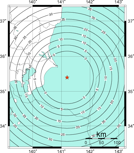 緊急地震速報第1報提供から主要動到達までの時間及び推計震度分布図