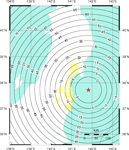 緊急地震速報第1報提供から主要動到達までの時間及び推計震度分布図