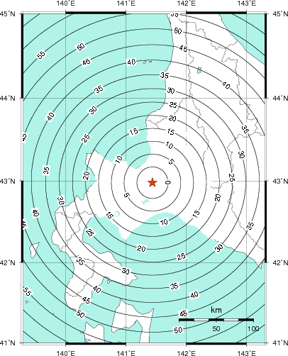 緊急地震速報第1報提供から主要動到達までの時間及び推計震度分布図