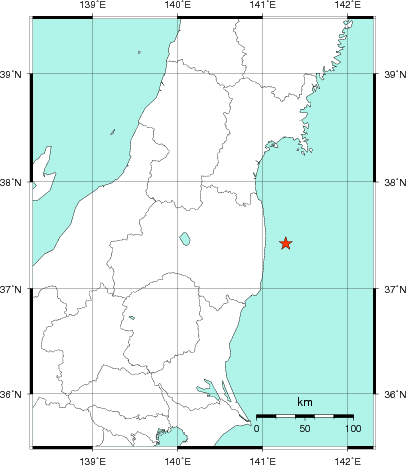 緊急地震速報第1報提供から主要動到達までの時間及び推計震度分布図