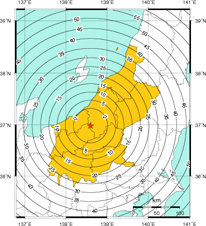 緊急地震速報(警報)第1報を発表した地域及び主要動到達までの時間