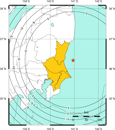 緊急地震速報（警報）第1報を発表した地域及び主要動到達までの時間