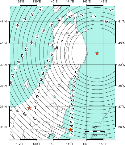 緊急地震速報第1報提供から主要動到達までの時間及び推計震度分布図